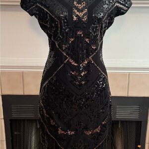 Express Black and Gold Sequin Flapper Dress